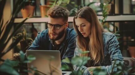 young business man and woman working together on laptop in the office, with copy space for text.
