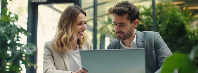 young business man and woman working together on laptop in the office, with copy space for text.