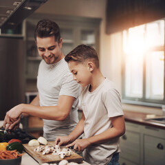 Wall Mural - Cooking, dad and son in kitchen, teaching and ingredients with time together, hobby and child development. Parent, father or boy with nutrition, learning and help with support, care or family in home