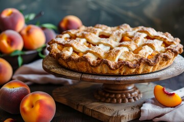 Sticker - Newly made peach pie with fresh peaches on a wooden stand