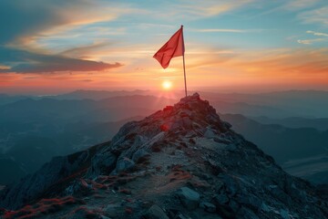 A red flag is planted on a rocky mountain peak, with a beautiful sunset painting the sky in warm hues. The landscape below is bathed in the soft light of dusk