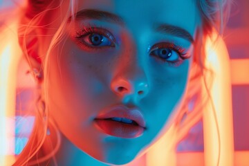 Wall Mural - Photo of girl with vibrant makeup on vivid backdrop