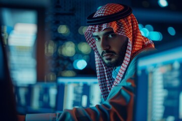 Portrait of a focused Middle Eastern programmer working in a corporate office young Gulf sales manager networking with business partners online