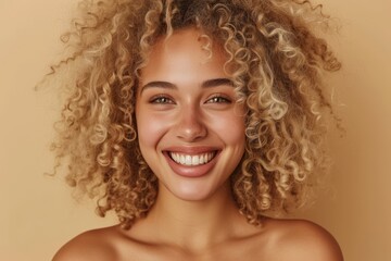 Poster - Portrait of a smiling woman with blonde curly hair and clear skin taken vertically in a studio