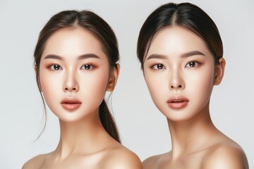 Wall Mural - Portrait of two beautiful Asian women with smooth skin on a white background representing facial care cosmetology beauty and spa