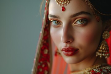 Poster - Portrait of stunning Indian bride in traditional attire with ornate accessories