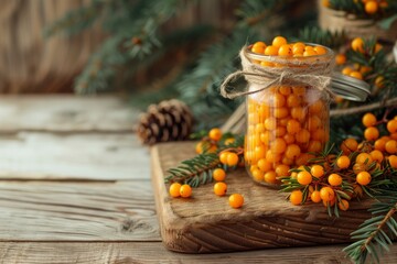 Sticker - Sea buckthorn berries stored in a jar on a wooden board when ripe