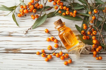 Wall Mural - Sea buckthorn oil on white wooden background featuring berries and branch