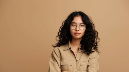 Self assured freelancer woman wearing glasses crosses arms isolated on beige background