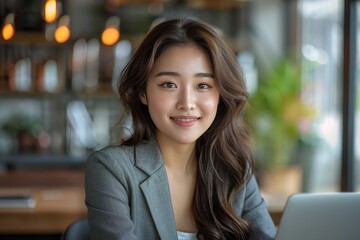 Wall Mural - Portrait of a beautiful smiling asian business woman in a casual suit working on a laptop at the office.