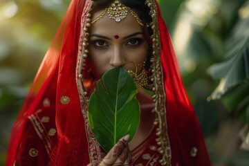 Poster - Stunning Indian bride in red sari holding a green leaf