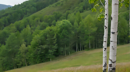 a two white trees in the foreground and a green hill in the background