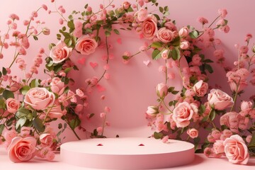 Sticker - Valentine s Day mockup with hearts and roses Product presentation podium Love spring and valentine concept 3D render