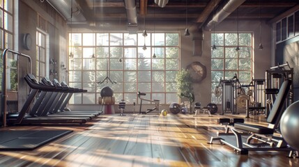 Canvas Print - Modern Gym Interior with Sunlight Streaming Through Large Windows