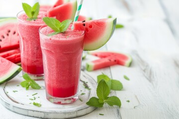 Canvas Print - Watermelon smoothie on white wooden surface