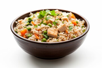 Sticker - White background isolated fried rice with vegetables chicken tofu cheese Traditional Chinese with egg in ceramic bowl Bowl with fried rice chicken tofu