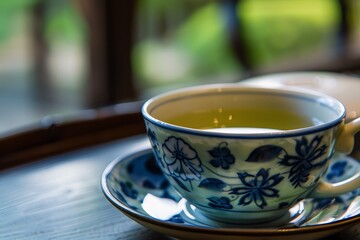 A cup of green tea in a blue and white porcelain teacup on a wooden tray