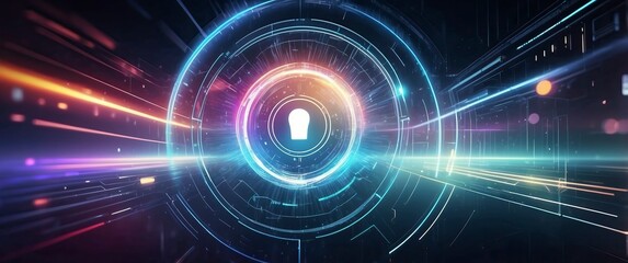 Wall Mural - Futuristic digital image featuring a glowing lock symbol within a circular interface, representing technology and cybersecurity  Ideal for tech related uses