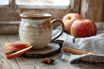 Rustic ceramic mug with apple cider, cinnamon sticks and apples on wooden table.