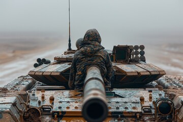 Military tank in desert camouflage ready to fire with rotating turret barrel aiming at target