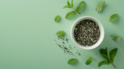 Wall Mural - A floor and a wall with focus on loose peppermint tea with a view