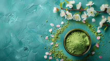 Wall Mural - A floor and a wall with focus on loose matcha tea powder with a view