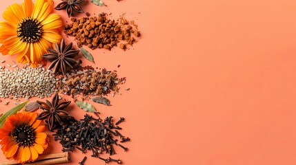 Poster - A floor and a wall with focus on scattered chai tea spices with a view from above on a marigold flower