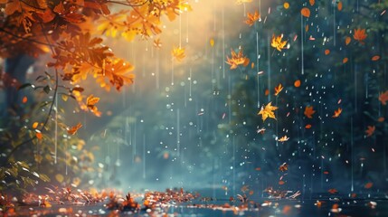 Canvas Print - Autumn Rain and Falling Leaves