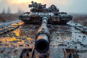 Military tank in desert camouflage with turret gun aiming, ready to fire at target