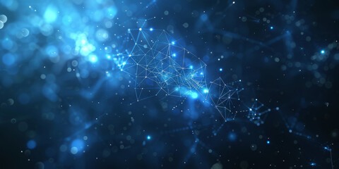 An abstract digital technology background with a dark blue design, featuring glowing dots creating a network pattern effect. 3D Rendering