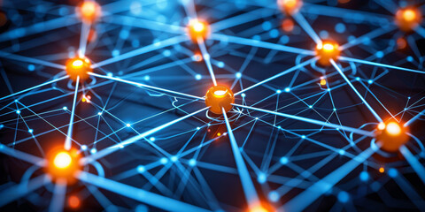 An abstract digital technology background with a dark blue design, featuring glowing dots creating a network pattern effect. 3D Rendering
