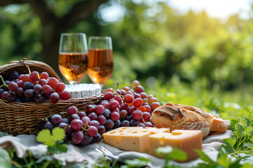 Sunny, picnic on the grass, basket, with a little of bread, cheese, vine, overlooking