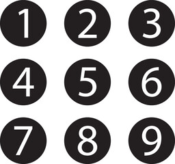 simple black white color bullet points circle round number set from one to nine simple flat style