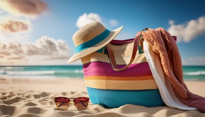 Wall Mural -  A beach bag with a woven texture and vibrant colors, featuring a wide-brimmed sunhat with a