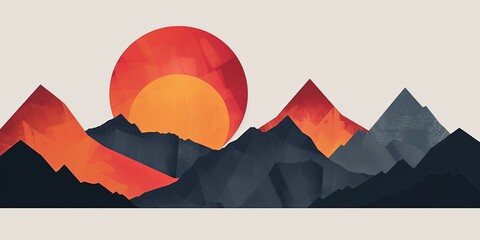 Wall Mural - A mountain range with a large red sun in the sky