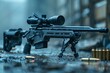 © Matvejs - Contemporary sniper rifle with telescopic scope on bipod, ammo and spare magazine nearby