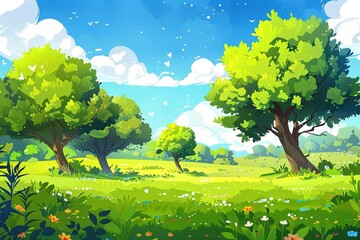 Sticker - A lush green field with two trees in the foreground