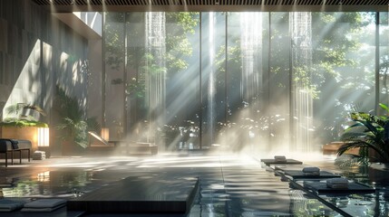 Canvas Print - Indoor Pool with Lush Greenery and Rain Shower