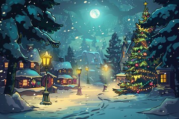 Poster - A winter scene with a Christmas tree and a moon in the sky