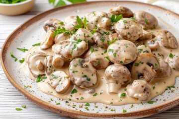 Wall Mural - Plate of mushrooms in creamy sauce on white wood background