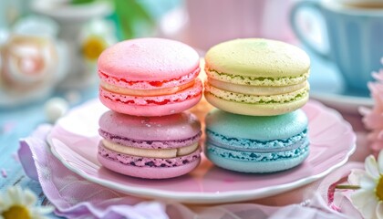 Poster - Plate with cake macaron or macaroon in pastel colors