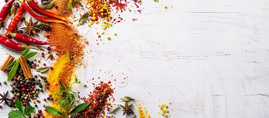 Wall Mural - A white background with a variety of spices and herbs on it