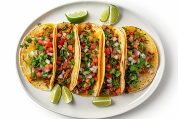 Poster - Plate with Mexican tacos on white background viewed from above