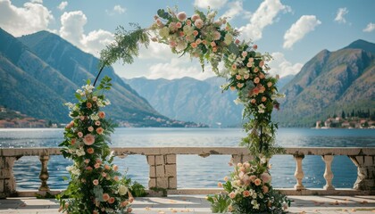 Poster - Preparing for a wedding with a beautiful arch and flowers set against the backdrop of Boko Kotor Bay in Montenegro