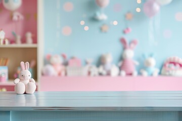 Canvas Print - Product display on defocused children room background with an empty desk