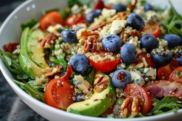 Poster - Quinoa salad with kale arugula almonds blueberries walnuts tomatoes bacon blue cheese avocado and olive oil from American or French restaurants