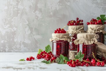 Wall Mural - Red currant jam in jars on white table