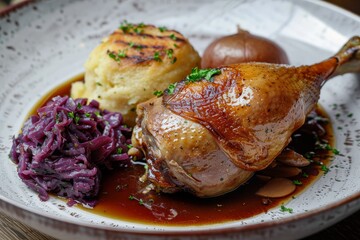 Roasted goose leg with red cabbage and dumplings