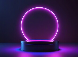 Sticker - A glowing circular neon light ring with dark blue background