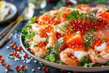 Wall Mural - Salad with seafood vegetables and caviar focused on red ingredients